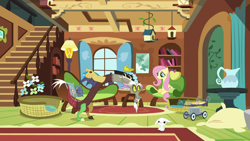 Size: 1280x720 | Tagged: safe, screencap, character:angel bunny, character:discord, character:fluttershy, species:pony, episode:discordant harmony, g4, my little pony: friendship is magic, fluttershy's cottage (interior), jar, pillow