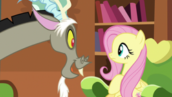 Size: 1280x720 | Tagged: safe, screencap, character:discord, character:fluttershy, species:pony, episode:discordant harmony, g4, my little pony: friendship is magic, fluttershy's cottage (interior)