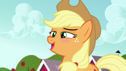 Size: 1280x720 | Tagged: safe, screencap, character:applejack, species:earth pony, species:pony, episode:brotherhooves social, g4, my little pony: friendship is magic, apple, apple tree, appleblush, applejack's hat, blushing, clothing, cowboy hat, female, flattered, food, freckles, hat, looking down, mare, open mouth, solo, stetson, sweet apple acres, tree