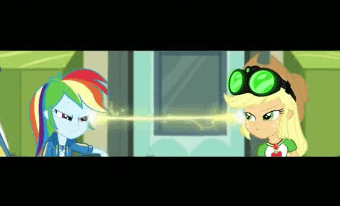 Size: 484x293 | Tagged: safe, screencap, character:applejack, character:rainbow dash, episode:queen of clubs, g4, my little pony:equestria girls, animated, clothing, door, dramatic widescreen, geode of super speed, geode of super strength, goggles, hat, lightning glare, magical geodes, night vision goggles, school