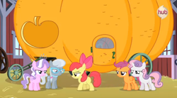 Size: 636x350 | Tagged: safe, screencap, character:apple bloom, character:diamond tiara, character:scootaloo, character:silver spoon, character:sweetie belle, species:pegasus, species:pony, episode:one bad apple, g4, my little pony: friendship is magic, cutie mark crusaders, pumpkin