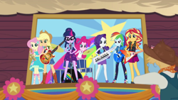 Size: 1280x720 | Tagged: safe, screencap, character:applejack, character:fluttershy, character:pinkie pie, character:rainbow dash, character:rarity, character:sunset shimmer, character:twilight sparkle, character:twilight sparkle (scitwi), species:eqg human, episode:road trippin', g4, my little pony:equestria girls, bass guitar, drums, flying v, guitar, humane five, humane seven, humane six, keytar, musical instrument, stage, tambourine, the rainbooms