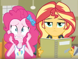 Size: 1430x1073 | Tagged: safe, screencap, character:pinkie pie, character:sunset shimmer, episode:the finals countdown, g4, my little pony:equestria girls, freakout, notebook