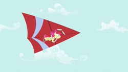Size: 993x559 | Tagged: safe, screencap, character:apple bloom, episode:the cutie pox, g4, my little pony: friendship is magic, cutie pox, frown, hang glider, hang gliding, plate spinning