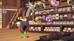 Size: 1280x720 | Tagged: safe, screencap, character:discord, character:jasmine leaf, species:earth pony, species:pony, episode:discordant harmony, g4, my little pony: friendship is magic, female, mare, tea shop