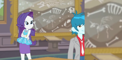 Size: 1494x744 | Tagged: safe, screencap, character:rarity, episode:school of rock, g4, my little pony:equestria girls, background human, crossed arms, female, fossil, geode of shielding, male, thunderbass