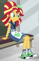 Size: 430x668 | Tagged: safe, screencap, character:sunset shimmer, episode:good vibes, eqg summertime shorts, g4, my little pony:equestria girls, alternate hairstyle, bench, clothing, converse, cropped, female, mall, puffer fish, shoes, sitting, smiling, sneakers, solo, sunset sushi