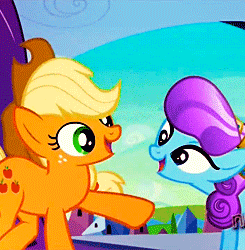 Size: 245x250 | Tagged: safe, screencap, character:applejack, character:sapphire joy, species:crystal pony, species:pony, episode:the crystal empire, g4, my little pony: friendship is magic, animated, clothing, cropped, crystal empire, hat, head tilt, silly, silly pony