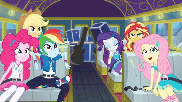 Size: 640x360 | Tagged: safe, screencap, character:applejack, character:fluttershy, character:pinkie pie, character:rainbow dash, character:rarity, character:sunset shimmer, episode:road trippin', g4, my little pony:equestria girls, animated, bus, converse, seatbelt, shoes, sneakers, tour bus