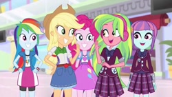Size: 1280x720 | Tagged: safe, screencap, character:applejack, character:lemon zest, character:pinkie pie, character:rainbow dash, character:sunny flare, equestria girls:dance magic, g4, my little pony:equestria girls, adoraflare, cute, zestabetes