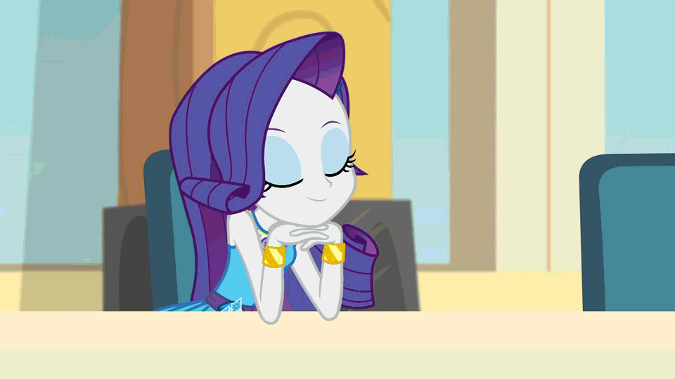 Size: 960x540 | Tagged: safe, screencap, character:rarity, episode:queen of clubs, g4, my little pony:equestria girls, animated, eyebrow wiggle, gif, smiling, smirk, solo