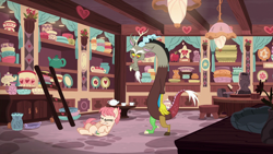Size: 1280x720 | Tagged: safe, screencap, character:discord, character:raspberry vinaigrette, species:earth pony, species:pony, episode:discordant harmony, g4, my little pony: friendship is magic, falling, female, ladder, mare, teapot
