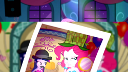 Size: 1366x768 | Tagged: safe, screencap, character:pinkie pie, character:twilight sparkle, episode:a photo booth story, eqg summertime shorts, g4, my little pony:equestria girls, fall formal outfits, photography, scheming, smiling, smirk