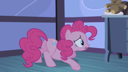 Size: 1280x720 | Tagged: safe, screencap, character:pinkie pie, species:earth pony, species:pony, episode:baby cakes, g4, my little pony: friendship is magic, female, mare, open mouth, plot, solo, underhoof