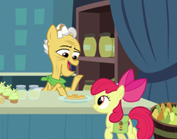 Size: 911x719 | Tagged: safe, screencap, character:apple bloom, character:grand pear, species:earth pony, species:pony, episode:the perfect pear, g4, my little pony: friendship is magic, duo, female, filly, foal, food, grandfather and grandchild, grandfather and granddaughter, heartwarming, male, pear, pear cupcake, pear jam, saddle bag, stallion