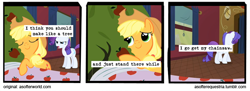 Size: 720x261 | Tagged: safe, artist:asofterequestria, edit, edited screencap, screencap, character:applejack, character:bloomberg, character:rarity, species:earth pony, species:pony, species:unicorn, comic:a softer equestria, episode:over a barrel, g4, my little pony: friendship is magic, a softer world, apple tree, comic, duo, female, hug, implied violence, mare, screencap comic, train, tree