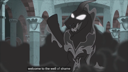 Size: 1920x1080 | Tagged: safe, screencap, character:pony of shadows, episode:shadow play, g4, my little pony: friendship is magic, darkness, glowing eyes, meme, raised hoof, solo, welcome, well of shade, youtube caption