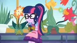 Size: 1366x768 | Tagged: safe, screencap, character:twilight sparkle, character:twilight sparkle (scitwi), species:eqg human, episode:my little shop of horrors, g4, my little pony:equestria girls, apron, celestia's house, clothing, glasses, gloves, phone, plant, potted plant, scared, watering can