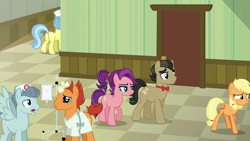 Size: 1280x720 | Tagged: safe, screencap, character:applejack, character:filthy rich, character:nurse coldheart, character:spoiled rich, species:earth pony, species:pegasus, species:pony, species:unicorn, ship:spoilthy, episode:where the apple lies, g4, my little pony: friendship is magic, bandaged horn, broken horn, clothing, doctor high fever, falling star (character), female, hat, iv bag, male, mare, nurse, plot, ponyville hospital, spoiled milk, spread wings, stallion, teenage applejack, teenager, wings, younger
