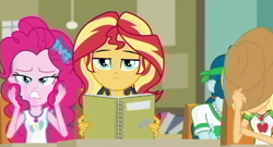 Size: 552x298 | Tagged: safe, screencap, character:applejack, character:pinkie pie, character:sunset shimmer, episode:the finals countdown, g4, my little pony:equestria girls, classroom, solo, sunset shimmer is not amused, unamused
