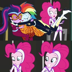Size: 2048x2048 | Tagged: safe, screencap, character:fili-second, character:masked matter-horn, character:pinkie pie, character:rainbow dash, character:twilight sparkle, character:zapp, episode:power ponies, equestria girls:movie magic, g4, my little pony: friendship is magic, my little pony:equestria girls, clothing, costume, door, female, glomp, hug, out of context