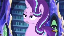 Size: 1136x640 | Tagged: safe, screencap, character:starlight glimmer, species:pony, species:unicorn, equestria girls:mirror magic, g4, my little pony:equestria girls, curious, discovery family logo, raised eyebrows, solo