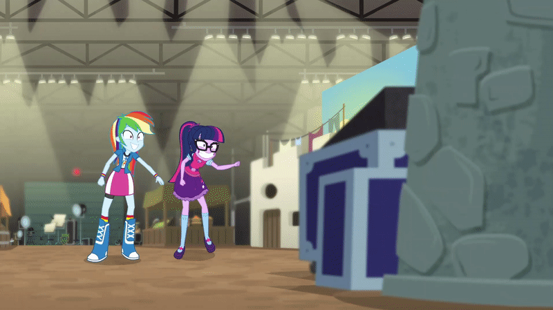 Size: 800x449 | Tagged: safe, screencap, character:rainbow dash, character:twilight sparkle, character:twilight sparkle (scitwi), species:eqg human, equestria girls:movie magic, g4, my little pony:equestria girls, adorkable, animated, boots, clothing, compression shorts, cute, dork, extreme speed animation, fangasm, female, geode of super speed, geode of telekinesis, gif, glasses, grin, magical geodes, mary janes, ponytail, shoes, skirt, smiling, socks, striped socks