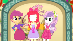 Size: 1366x768 | Tagged: safe, screencap, character:apple bloom, character:scootaloo, character:sweetie belle, species:pegasus, species:pony, episode:a photo booth story, eqg summertime shorts, g4, my little pony:equestria girls, cutie mark crusaders, fall formal, fall formal outfits, photo, shocked