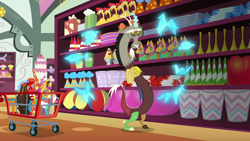 Size: 1280x720 | Tagged: safe, screencap, character:discord, species:draconequus, episode:discordant harmony, g4, my little pony: friendship is magic, flying napkin, napkin, origami, piñata, shopping cart, solo, store, volcano