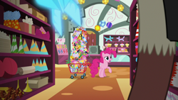 Size: 1280x720 | Tagged: safe, screencap, character:discord, character:pinkie pie, species:pony, episode:discordant harmony, g4, my little pony: friendship is magic, female, flying napkin, male, mare, napkin, shopping cart