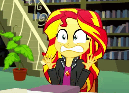 Size: 498x358 | Tagged: safe, screencap, character:sunset shimmer, episode:epic fails, eqg summertime shorts, g4, my little pony:equestria girls, animated, book, clothing, do not want, horrified, jacket, library, plant, reaction image