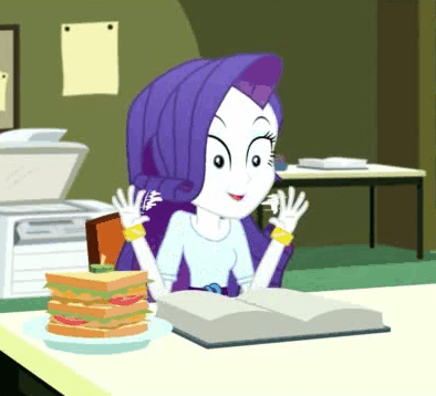 Size: 394x358 | Tagged: safe, screencap, character:rarity, episode:epic fails, eqg summertime shorts, g4, my little pony:equestria girls, animated, book, clothing, food, hand, library, sandwich