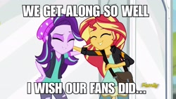 Size: 3643x2048 | Tagged: safe, screencap, character:starlight glimmer, character:sunset shimmer, equestria girls:mirror magic, g4, my little pony:equestria girls, ^u^, beanie, boots, clothing, discovery family logo, drama, eyes closed, female, friendship, hat, image macro, meme, mirror, portal, shoes, starlight drama, starlight drama drama, sunset vs starlight debate