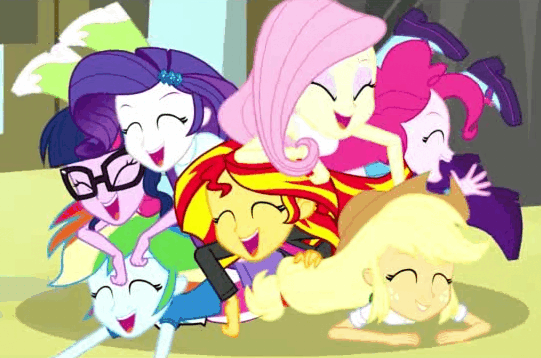 Size: 541x358 | Tagged: safe, screencap, character:applejack, character:fluttershy, character:pinkie pie, character:rainbow dash, character:rarity, character:sunset shimmer, character:twilight sparkle, character:twilight sparkle (scitwi), species:eqg human, episode:epic fails, eqg summertime shorts, g4, my little pony:equestria girls, animated, cute, dashabetes, diapinkes, dogpile, fail, humane five, humane seven, humane six, jackabetes, laughing, mane six, pile, raribetes, shimmerbetes, shyabetes, twiabetes