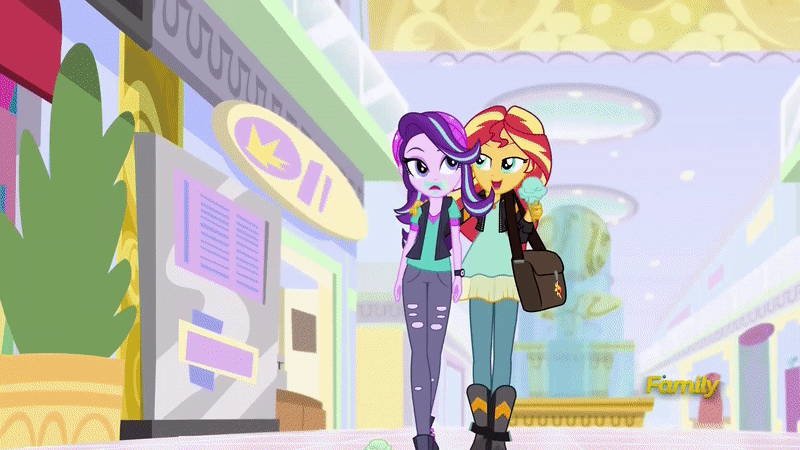 Size: 800x450 | Tagged: safe, screencap, character:starlight glimmer, character:sunset shimmer, equestria girls:mirror magic, g4, my little pony:equestria girls, animated, bag, beanie, clothing, discovery family logo, duo, eating, female, food, geode of empathy, gif, hat, hip sway, hug, ice cream, jacket, jewelry, leather jacket, lidded eyes, looking at each other, magical geodes, messy eating, necklace, pendant, ripped pants, shipping fuel, thick, vest, walking, watch, wide hips