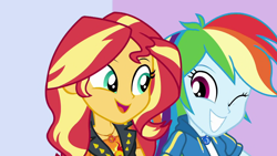 Size: 1280x720 | Tagged: safe, screencap, character:rainbow dash, character:sunset shimmer, episode:a fine line, g4, my little pony:equestria girls, clothing, duo, geode of empathy, geode of super speed, magical geodes, one eye closed, open mouth, shipping fuel, wink
