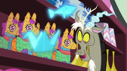 Size: 1280x720 | Tagged: safe, screencap, character:discord, species:draconequus, episode:discordant harmony, g4, my little pony: friendship is magic, cute, discute, flying napkin, looking down, male, napkin, open mouth, piñata, smiling, solo, store