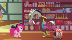 Size: 1280x720 | Tagged: safe, screencap, character:discord, character:pinkie pie, species:draconequus, species:earth pony, species:pony, episode:discordant harmony, g4, my little pony: friendship is magic, duo, female, male, mare, piñata, shopping cart, store, volcano