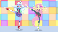 Size: 1912x1072 | Tagged: safe, screencap, character:fluttershy, character:sugarcoat, equestria girls:dance magic, g4, my little pony:equestria girls, ballet, ballet slippers, clothing, converse, dancing, eyes closed, female, glasses, pigtails, pointe, ponied up, shoes, skirt, skirt lift, sneakers, socks, tutu, tutus, twintails