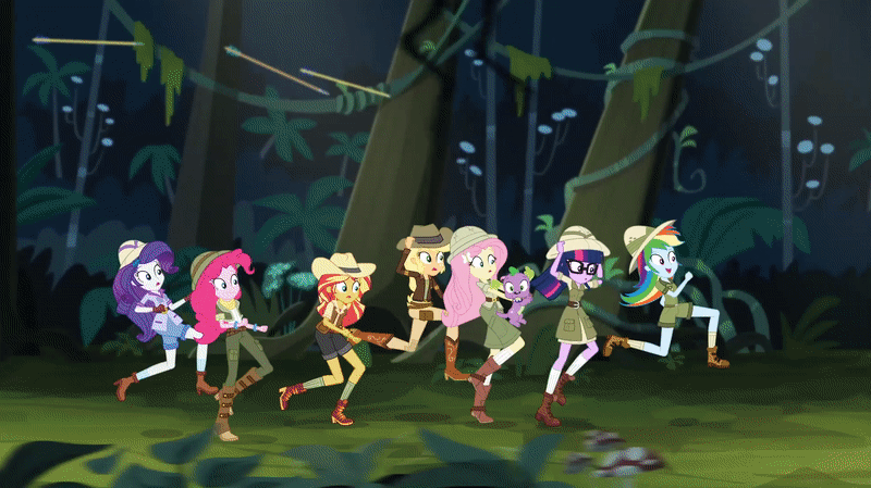 Size: 800x449 | Tagged: safe, screencap, character:ahuizotl, character:applejack, character:fluttershy, character:pinkie pie, character:rainbow dash, character:rarity, character:spike, character:spike (dog), character:sunset shimmer, character:twilight sparkle, character:twilight sparkle (scitwi), species:dog, species:eqg human, equestria girls:dance magic, g4, my little pony:equestria girls, animated, clothing, gif, hat, humane five, humane seven, humane six, imagine spot, indiana jack, jungle, legs, pith helmet, running, running away, shadow, shorts, spear, weapon