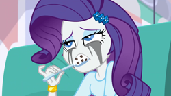 Size: 1912x1072 | Tagged: safe, screencap, character:rarity, equestria girls:dance magic, g4, my little pony:equestria girls, comfort eating, crying, eating, food, ice cream, makeup, marshmelodrama, mascara, mascarity, nom, running makeup, sad, solo, spoon