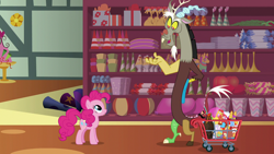 Size: 1280x720 | Tagged: safe, screencap, character:discord, character:pinkie pie, species:draconequus, species:earth pony, species:pony, episode:discordant harmony, g4, my little pony: friendship is magic, duo, female, lava lamp, male, mare, piñata, rubber chicken, shopping cart, store, volcano