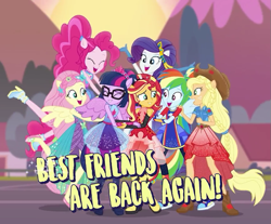 Size: 869x720 | Tagged: safe, screencap, character:applejack, character:fluttershy, character:pinkie pie, character:rainbow dash, character:rarity, character:sunset shimmer, character:twilight sparkle, character:twilight sparkle (alicorn), character:twilight sparkle (scitwi), species:eqg human, equestria girls:forgotten friendship, g4, my little pony:equestria girls, glasses, group hug, hug, mane six, ponied up, scitwilicorn