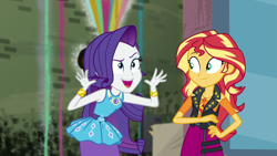 Size: 1280x720 | Tagged: safe, screencap, character:rarity, character:sunset shimmer, episode:display of affection, g4, my little pony:equestria girls, clothing, female, geode of empathy, geode of shielding, magical geodes, open mouth