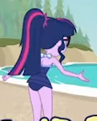 Size: 768x957 | Tagged: safe, screencap, character:twilight sparkle, character:twilight sparkle (scitwi), species:eqg human, equestria girls:forgotten friendship, g4, my little pony:equestria girls, ass, beach, clothing, cropped, female, needs more jpeg, ponytail, rear view, sexy, solo, swimsuit, twibutt
