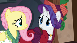 Size: 1920x1080 | Tagged: safe, screencap, character:fluttershy, character:rarity, species:pegasus, species:pony, species:unicorn, episode:a hearth's warming tail, g4, my little pony: friendship is magic, clothing, dress, female, flutterholly, hat, mare, merry