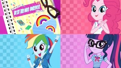 Size: 1281x720 | Tagged: safe, screencap, character:pinkie pie, character:rainbow dash, character:twilight sparkle, character:twilight sparkle (scitwi), species:eqg human, episode:best trends forever, g4, my little pony:equestria girls, best trends forever: pinkie pie, best trends forever: rainbow dash, best trends forever: twilight sparkle, choose pinkie pie, choose rainbow dash, choose twilight sparkle, choose your own ending (season 1), geode of sugar bombs, geode of super speed, geode of telekinesis, magical geodes, title card