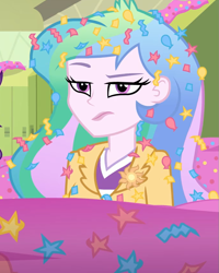 Size: 681x851 | Tagged: safe, screencap, character:princess celestia, character:principal celestia, episode:best trends forever, g4, my little pony:equestria girls, angry, best trends forever: pinkie pie, celestia is not amused, choose pinkie pie, cropped, female, raised eyebrow, solo, unamused