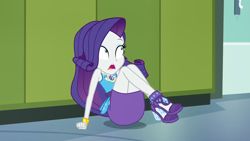 Size: 1280x720 | Tagged: safe, screencap, character:rarity, episode:best trends forever, g4, my little pony:equestria girls, best trends forever: rainbow dash, canterlot high, door, hallway, high heels, legs, lockers, pencil skirt, shoes, sitting on floor, solo