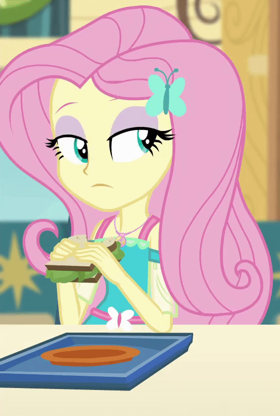 Size: 570x848 | Tagged: safe, screencap, character:fluttershy, episode:best trends forever, g4, my little pony:equestria girls, animated, best trends forever: twilight sparkle, cafeteria, choose twilight sparkle, cropped, eating, food, sandwich, vegan, vegetarian